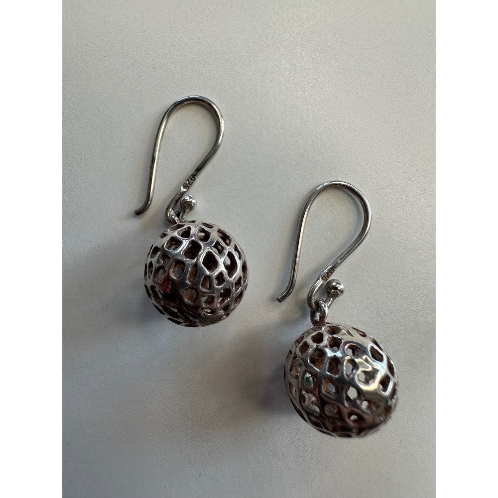 Sterling Silver 925 Lattice Orb Drop Earrings Openwork Sphere Dangle French Wire